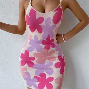 SHEIN Pink, Lavender & Cream Floral Knit Midi Dress